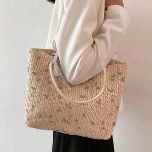 Womans Straw Woven Floral Tote Bag Purse with Lace Bow For‎ Summer